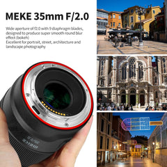 Meike 35mm F2.0 (E Mount) For Sony's Alpha (α) cameras.